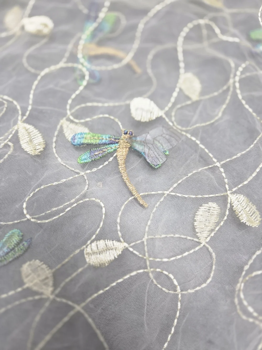 Delicate Cream Embroidered Sheer Tulle W/3D Dragonflies